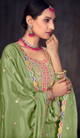 Premium Chinon silk designer Light green shaded dress with detailed embroidery and work